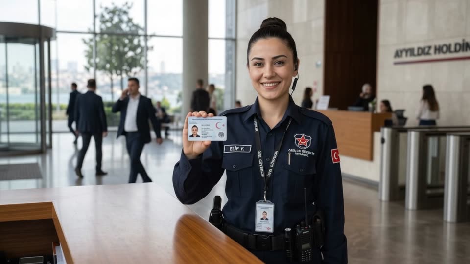 Özel güvenlik kimlik kartını gösteren görevli